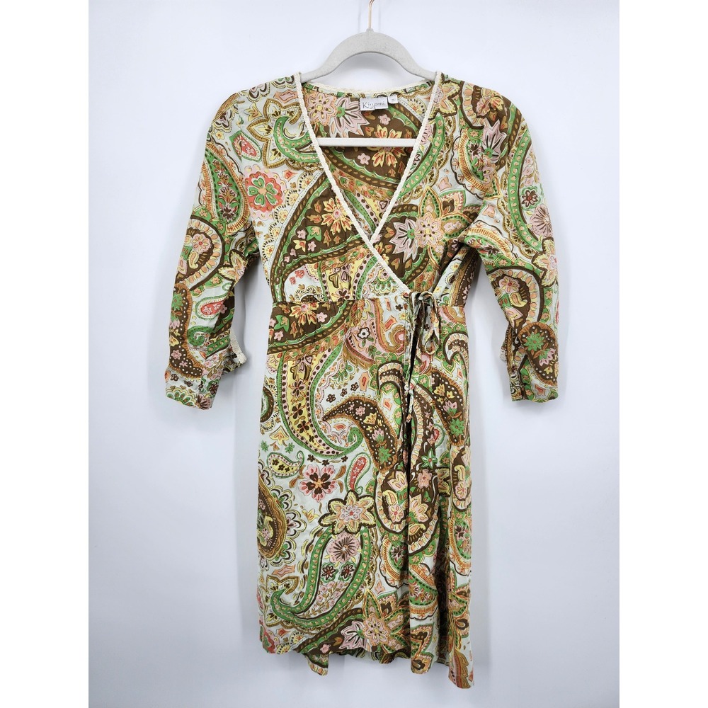 Kiyomi Wrap Dress Women Small Brown Paisley Cotton 3/4 Sleeve V-Neck Boho